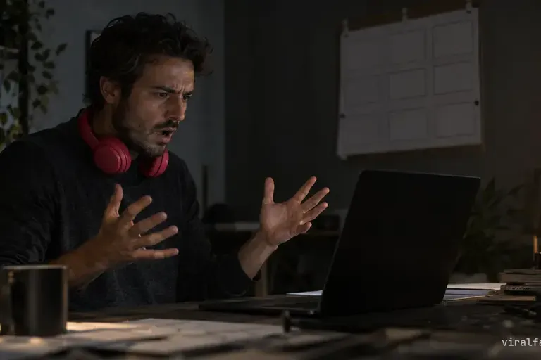 A man in a dark room throws both hands up at a laptop whose screen has gone black, stunned and angry, red headphones round his neck.