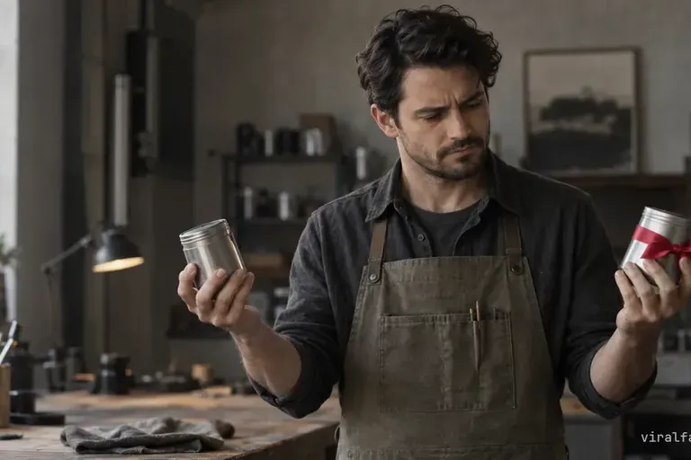 A man in a workshop apron weighs two plain metal canisters in his hands, frowning at one, a red ribbon tied round the other.