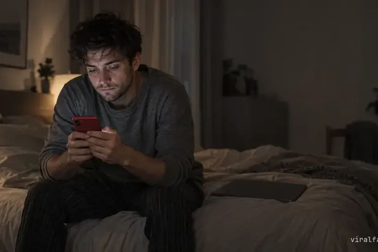 A tired man in pyjamas sits on the edge of a bed at night, hunched over a phone in a red case, face tight with anxious hope.
